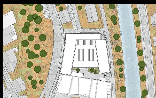 Diese aktuelle Planung zeigt oben die Baukörper des geplanten Gerichtsneubaus. Neu ist der Durchgang zur Brigach (rechts). Die Gebäude ...