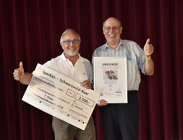 Klaus Ickert und Eugen Wintermantel von der Luftsportvereinigung Schwarzwald-Baar mit dem Scheck über 2500 Euro.