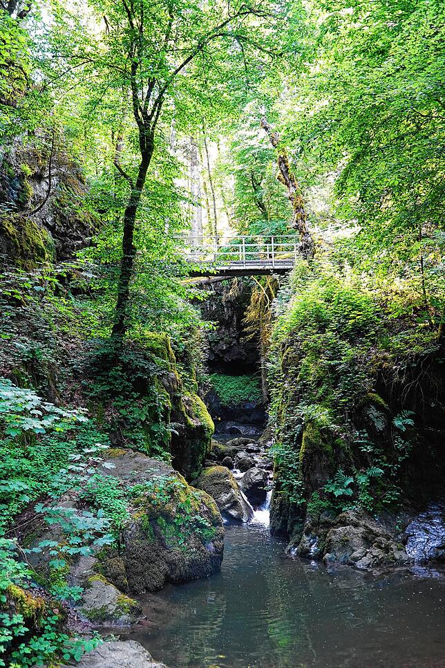 Der Wasserfall: Auf dem Pfad unterhalb des Wasserfalls führen zwei Brücken über den Haselbach.