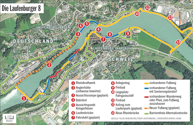 Die Laufenburger 9 1 Rheinkraftwerk 2 Anglerhütte (zeitweise bewirtet) 1 3 Aussichtsrampe (geplant) 4 Bahnhof 5 Aussichtspunkt Kriegerfelsen 100 Meter 6 ...