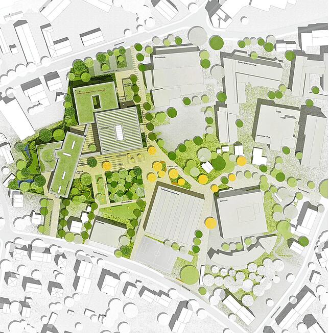 So fügt sich der Neubau in den Schulcampus zwischen Obertorstraße und Sankt-Johann-Straße ein.
