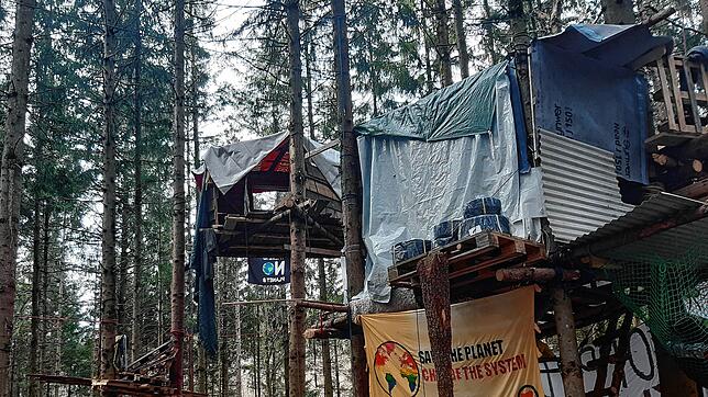 Klima-Aktivisten bauen im Altdorfer Wald im Kreis Ravensburg Baumhäuser und protestieren gegen die Rodung des Waldes zugunsten einer ...