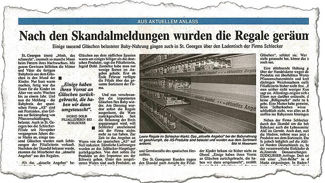 Leere Regale bei der Firma Schlecker, nachdem vor 25 Jahren in Babybrei-Gläsern der spanischen Firma AS Rückstände von Pestiziden ...