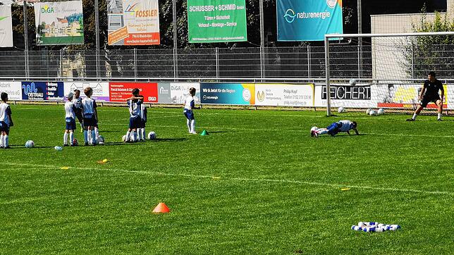 Anspruchsvolle Übungen müssen die Kinder beim Fußballcamp des Karlsruher SC auch beim Torschuss bewältigen. Bild: Berfin Karagözlü