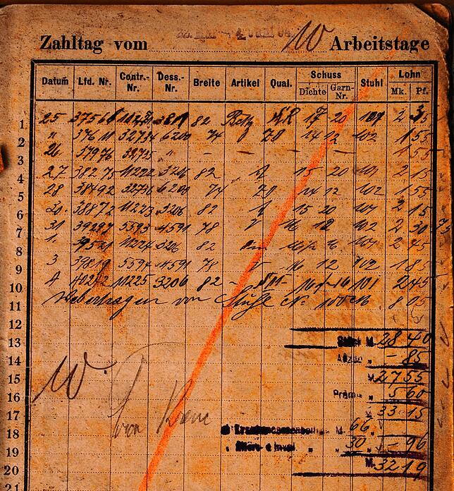 Eine Seite aus dem Webbüchlein der Rosa Kramer (1904): Man sieht hier die einzelnen Rubriken. Feines Damastbettzeug mit 20er Garn und ...