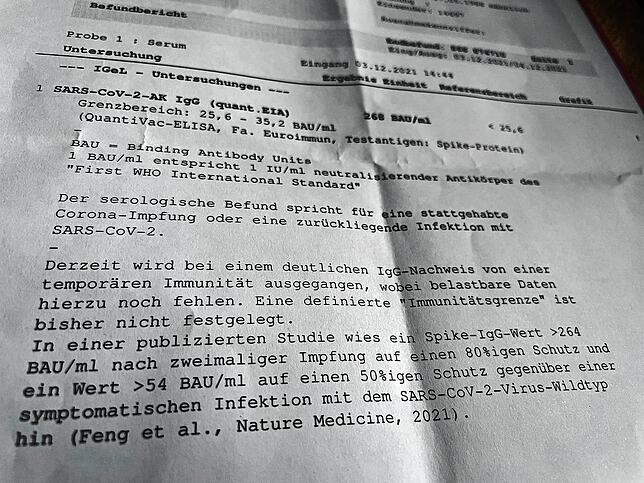Das Ergebnis des Antikörpertests von SÜDKURIER-Redakteur Matthias Jundt. Der Abschnitt, der mit „In einer publizistischen ...