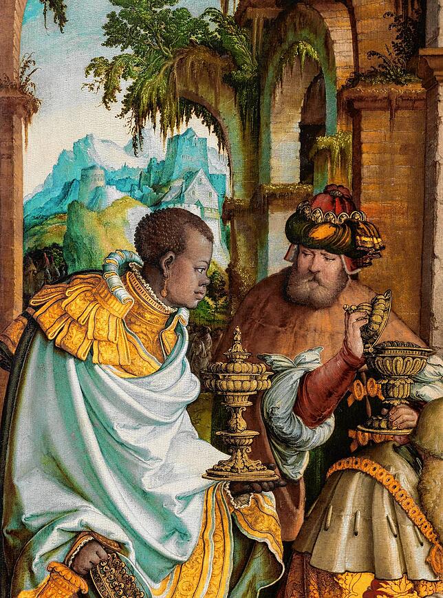 Voller Respekt hat der Meister von Meßkirch den dunklen König gemalt.