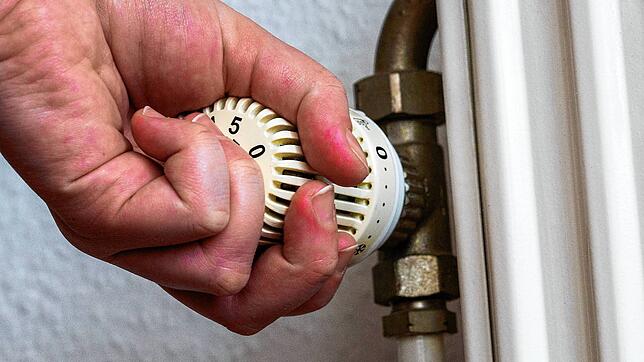 Eine Person dreht am Thermostat einer Heizung in einer Wohnung. Bundeswirtschaftsminister Habeck hat an die Verbraucher appelliert Gas ...