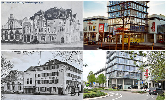 Chronologie des Rössles in Schwenningen: Links oben das Hotel um 1906, links unten das Hotel im Jahr 1938, rechts oben das ...