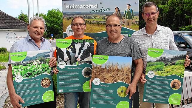 Zu einem Genusswandertag laden ein (von links): Landwirt Erwin Häufle, Bauhofleiter Winfried Matt, Landwirt Karl-Heinz Bader und ...