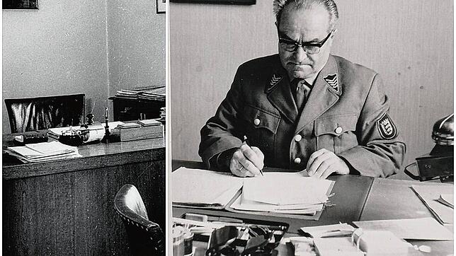 Das war einst der Blick auf den Schreibtisch des Waldshuter Landrats (links). Rechts: Polizeihauptmeister Emil Tröndle (1909-1993) an ...