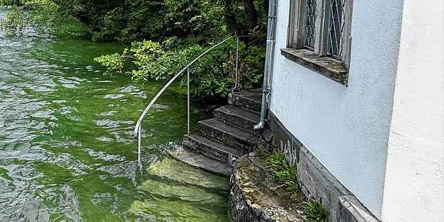 (Archivbild) Die Treppe des Badehäuschen unterhalb der Rosenau am Uferweg in Konstanz war überschwemmt.