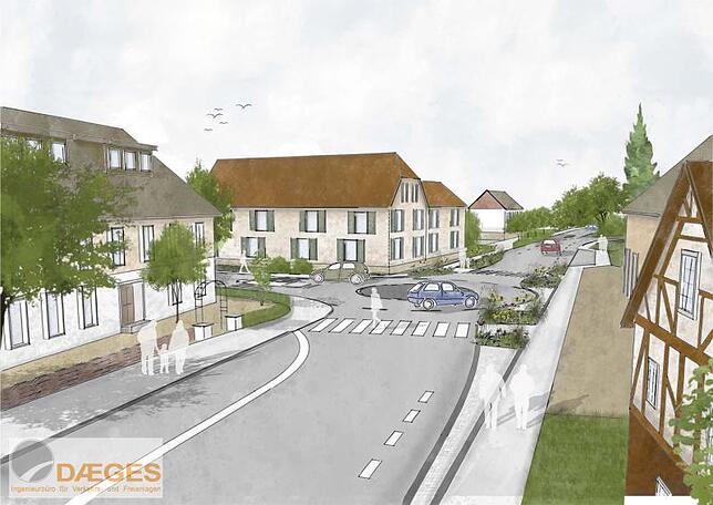 So soll der Mini-Kreisel an der Abzweigung Markdorfer/Weildorfer Straße einmal aussehen. Der Kreisel soll den Verkehrsfluss an der ...