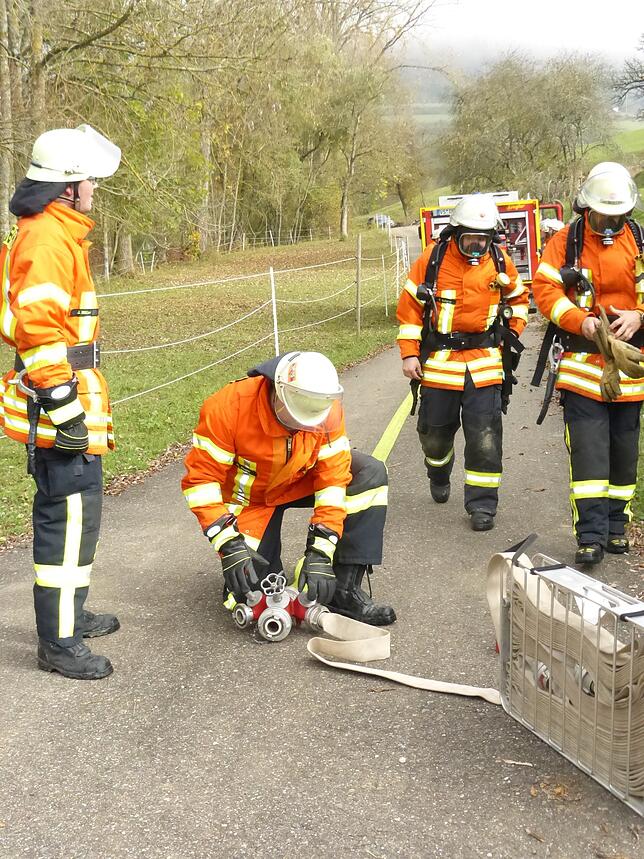 Das Wasser entnehmen die Feuerwehrleute bei der Herbstprobe dem Bach und einem Hydranten.