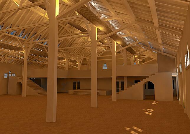 So sahen die Pläne für die sanierte Scheffelhalle aus: Die abgehängte Decke sollte rückgebaut und das Dachgebälk wieder freigelegt werden.