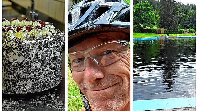 Autor Uwe Spille (Mitte, mit Radhelm) genießt auf dieser Radtour nicht nur das Pedaltreten, sondern auch das Naturfreibad Schonach ...