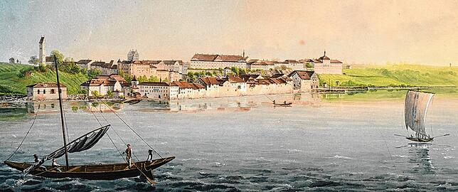 Ansicht von Meersburg vom See aus gesehen, gemalt in der Zeit zwischen 1825 und 1827 von dem aus Stühlingen stammenden Kunstmaler Johann ...
