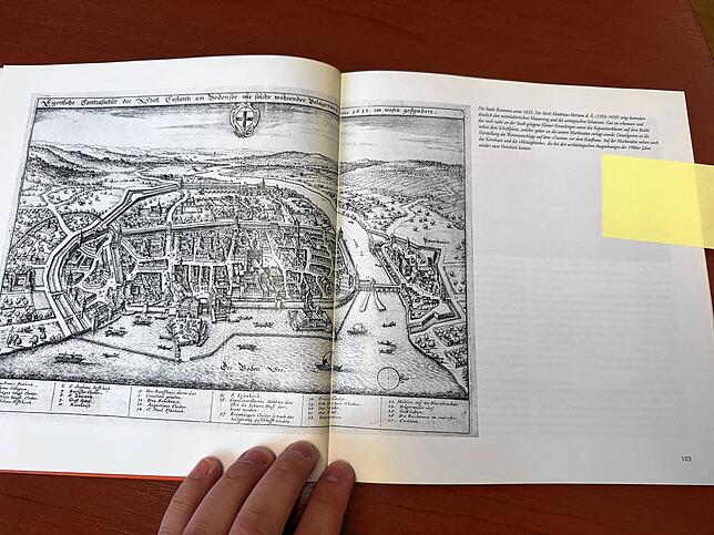 Die Stadt Konstanz anno 1633, abgebildet auf einem Kupferstich von Matthäus Merian. Sie zeigt besonders deutlich den mittelalterlichen ...