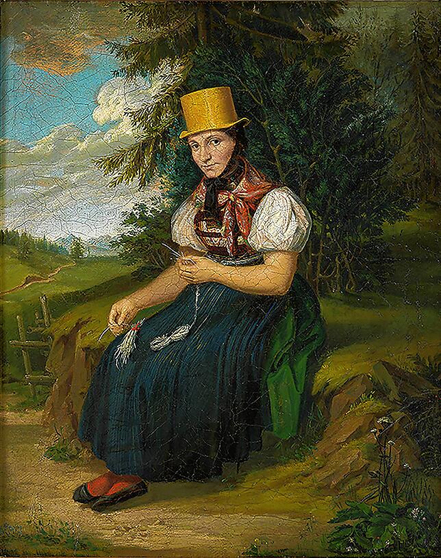 Kirners Schwester Karoline beim Flechten von Stroh: Der Alpenblick lässt vermuten, dass dieses Bild auf dem Furtwanger Hausberg, Brend, ...