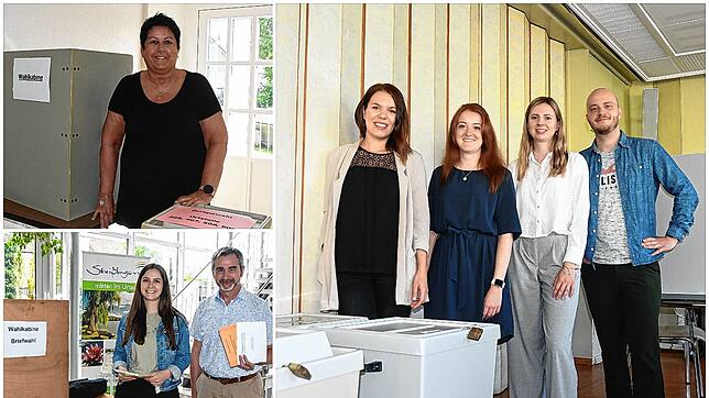 Wahlhelfer und Wahlleiter im Gespräch (von links oben im Uhrzeigersinn): Barbara Fahr aus Hilzingen, das Singener Wahlteam Vanessa ...