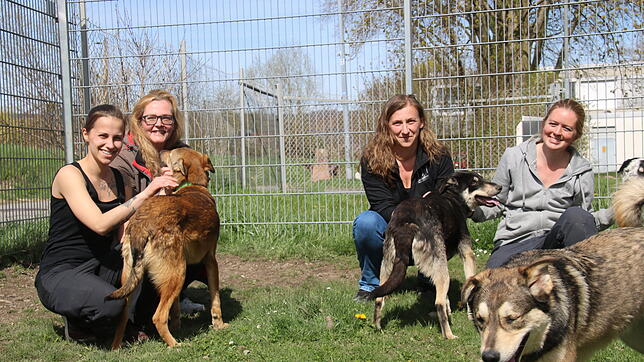 Natascha Kramer, Julia Bierbach, Nicole Weber und Tabitha Schmidt (von links) mit einem Teil der Neuankömmlinge aus der Ukraine auf dem ...
