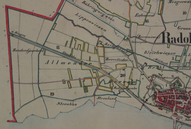 Katasterplan von Radolfzell um 1870 mit den westlichen Gewannen. Links liegen ganz am See das Streuhau und Streuland.