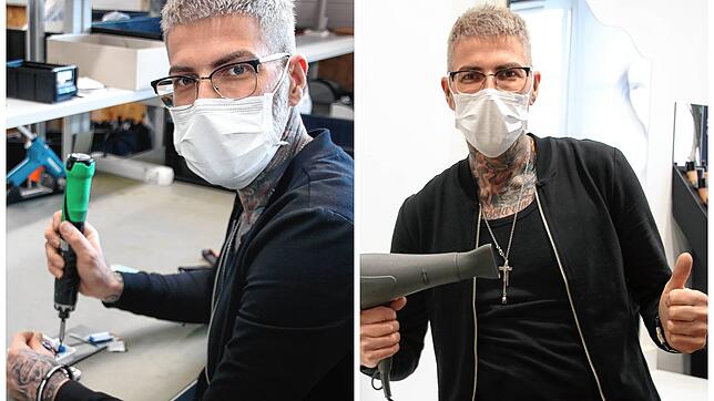 Marco Giammarino tauscht seinen Übergangsjob in einer Bräunlinger Firma (links) bald wieder gegen den als Friseurmeister (rechts) ein.