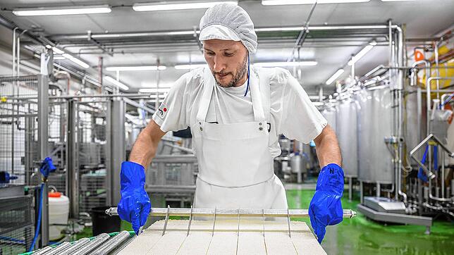 Ein Taifun-Mitarbeiter schneidet am Freiburger Stammsitz des Unternehmens Roh-Tofu. Das genaue Rezept des Fleisch- und Käseersatzes ist ...