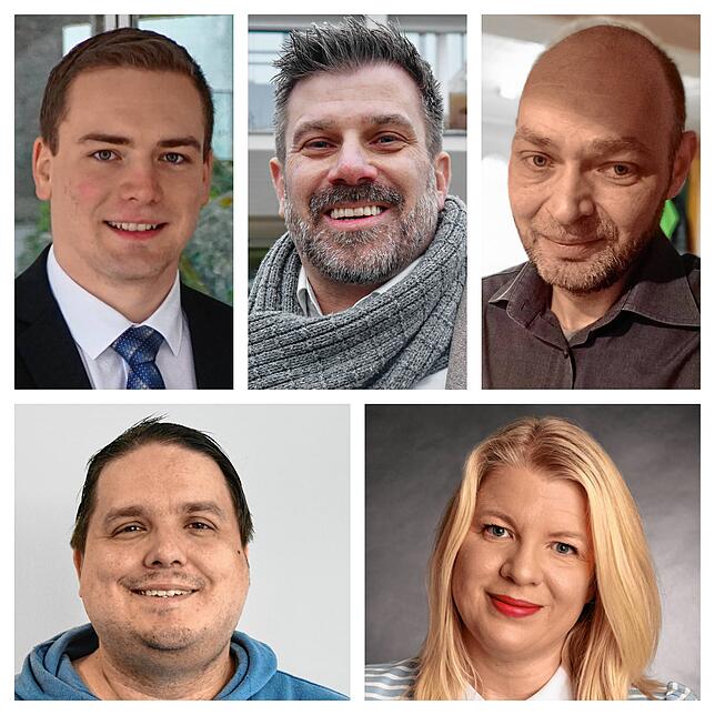 Die fünf Kandidaten für die Bürgermeisterwahl in Tengen (von links oben im Uhrzeigersinn): Sven Müller, André Schmal, Heiko Strauß, ...