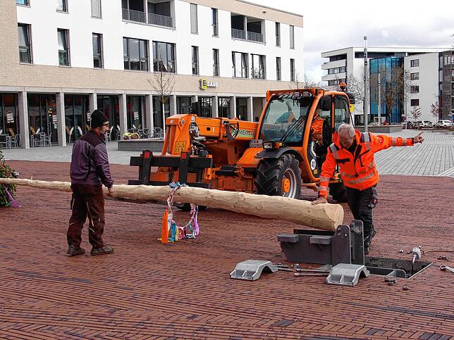 Bild 2: Auch ohne Rathaus-Sturm: Bauhof stellt ersten Narrenbaum in der neuen Neuen Mitte auf