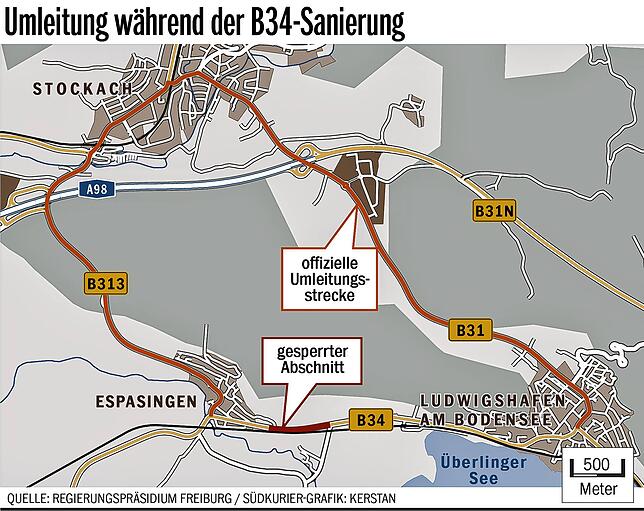 Bild 1: Achtung, Autofahrer! Auf einem Teil der B34 zwischen Espasingen und Ludwigshafen steht eine Sanierung mit Vollsperrung an