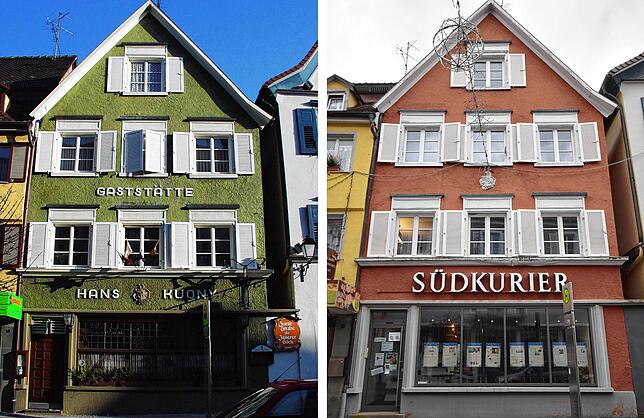 Links die Gaststätte vor dem Umbau, rechts das Gebäude heute.