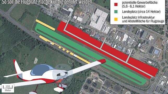 Bild : Ein Gewerbegebiet mit 30-Meter-Gebäuden und trotzdem noch viel Platz für Flugzeuge: So sieht der Kompromiss für den Konstanzer Flugplatz aus