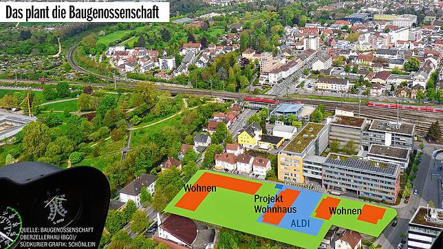 Das Bauvorhaben der Baugenossenschaft Oberzellerhau in der Wehrdstraße in Singen aus der Vogelperspektive.