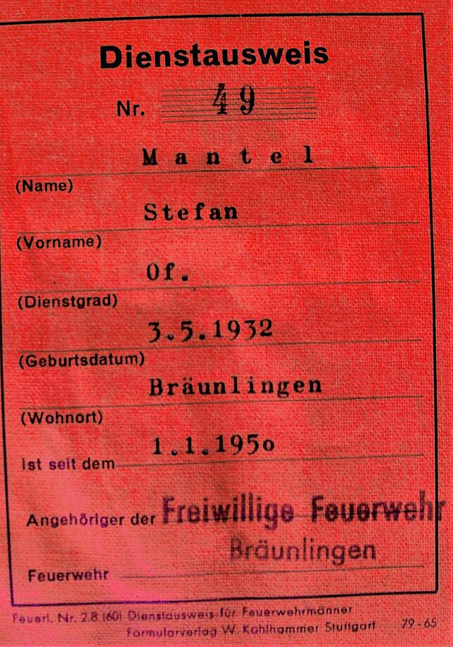 Der Feuerwehrdienstausweis aus dem Jahre 1950 von Stefan Mantel.