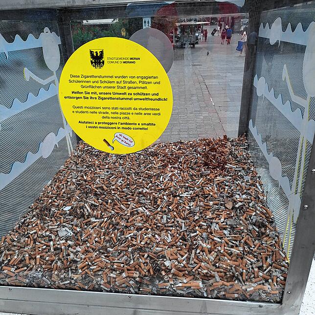 Die Zigarettenstummel im Glaskasten auf einer Promenade im italienischen Meran wurden nach Angaben der Stadt von Schülerinnen und ...