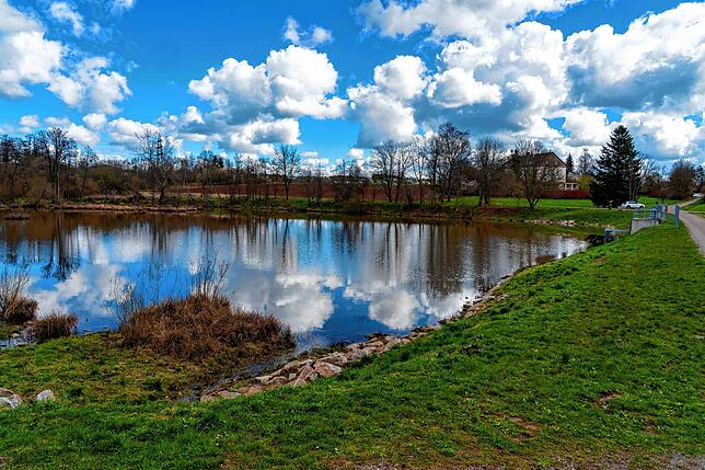 Dieses Wasserrückhaltebecken am Krebsgraben ist das unterste und liegt in der Nähe der ehemaligen Jugendherberge (im Hintergrund). Es ...
