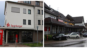 Die Sparkassenfilialen in Ludwigshafen (links) und Eigeltingen (rechts) stellen das Beratungsangebot ein.