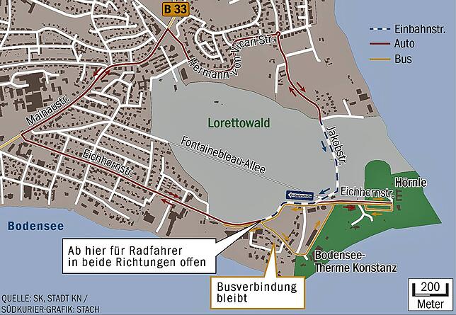 Bild 1: Komfort und Sicherheit für Radfahrer auf dem Weg zum Hörnle? Die Konstanzer Gemeinderäte sehen die Verkehrsregelung auf der Eichhornstraße skeptisch