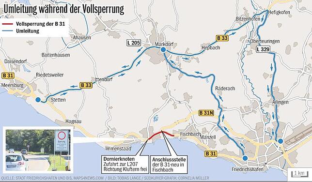 Bild 1: Vollsperrung der B 31 zwischen Fischbach und Immenstaad: Ab Dienstag sind bei Autofahrern Gelassenheit und Humor gefragt