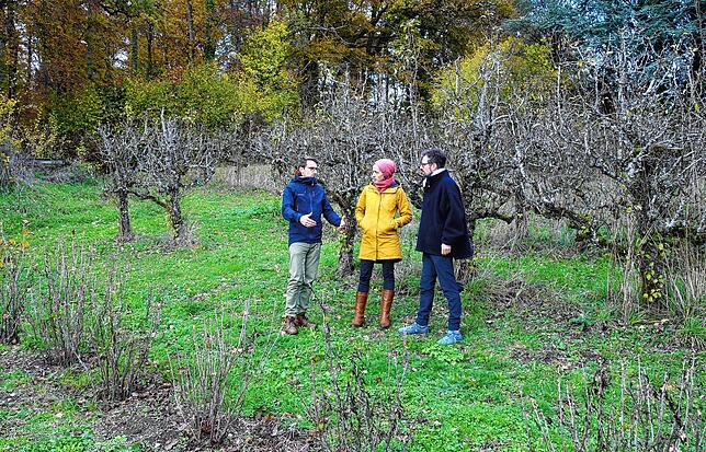 Jakob Kraul, Antonia Kurz und Jannis Keuerleber (von links) zeigen, wo bald schon die Bauwagen für zwei Gruppen des neuen ...