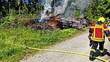 Als die Einsatzkräfte den Holzstapel im Reichenauer Wald erreichen, steht dieser Vollbrand. Weitere Feuerwehrleute aus Konstanz werden ...