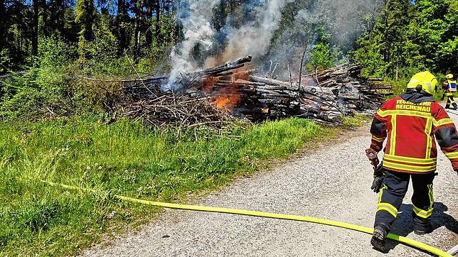 Als die Einsatzkräfte den Holzstapel im Reichenauer Wald erreichen, steht dieser Vollbrand. Weitere Feuerwehrleute aus Konstanz werden ...