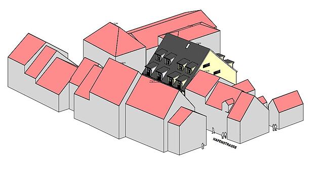 So stellt sich der Architekt den Neubau in der Hafenstraße vor. Das Mehrfamilienhaus wäre von den Ausmaßen deutlich größer als die ...