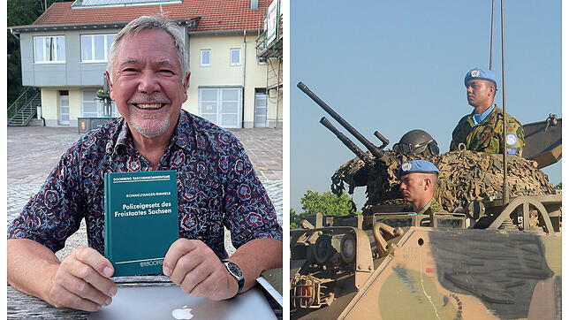 Beim Gespräch in der Aacher Ortsmitte zeigt Peter Rimmele das von ihm mitverfasste Polizeigesetz des Freistaates Sachsen. Daneben ...