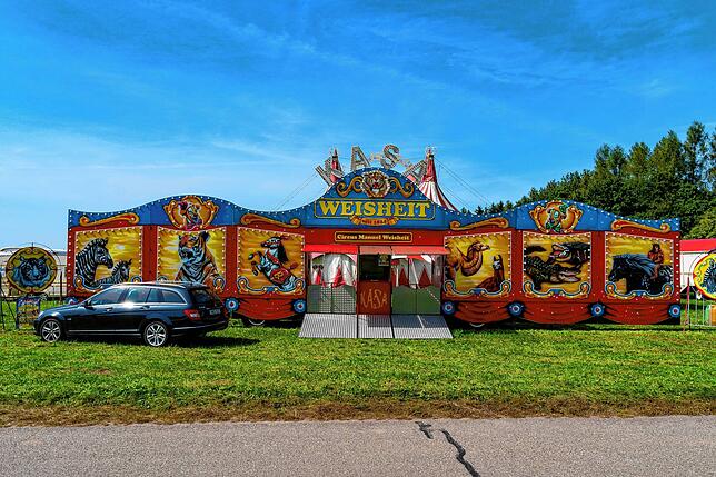 Circus Weisheit steht auf der Wiese zwischen dem Friedengrund und der Hammerhalde, an der Abzweigung zum Pfadfinderheim.