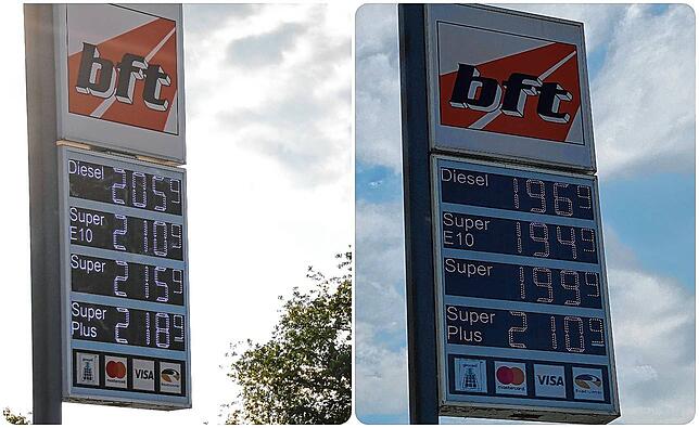 Der Preisunterschied an der bft-Tankstelle in Wutöschingen beträgt zwischen Dienstag, 31. Mai (links) und Mittwoch, 1. Juni, zwischen ...