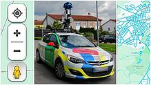 Elemente von Google Maps und ein Streetview-Fahrzeug, aufgenommen im September 2019 in Villingen-Schwenningen.