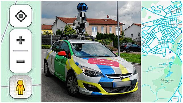 Elemente von Google Maps und ein Streetview-Fahrzeug, aufgenommen im September 2019 in Villingen-Schwenningen.