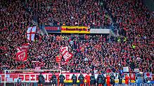 Die Spieler des SC Freiburg stehen nach dem Spiel bei den Fans.